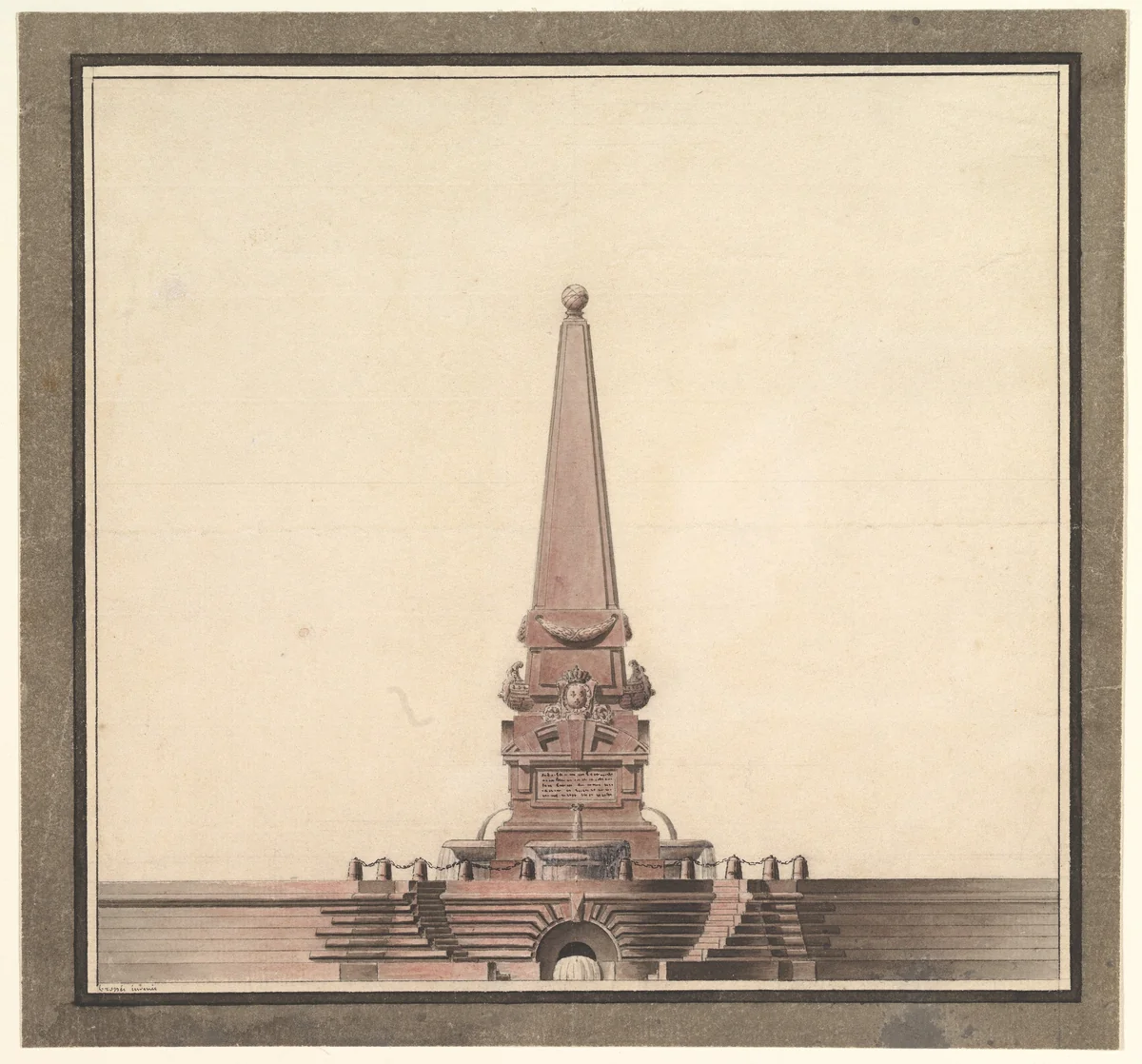 Design for a fountain with an obelisk by anonymous, drawing, 1755-1785