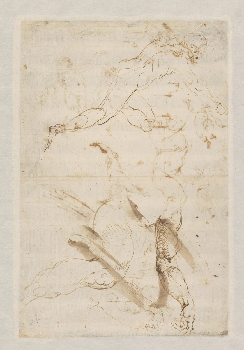 Schets voor een zittende naaktfiguur en Adam by Unknown, drawing, 1563-1615