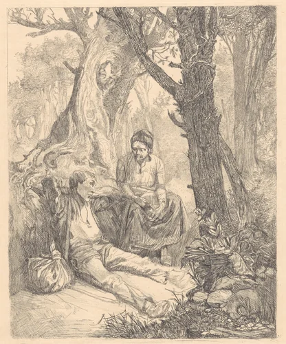 Vagebonden in het bos by Johannes Josephus Aarts, print, 1881-1934