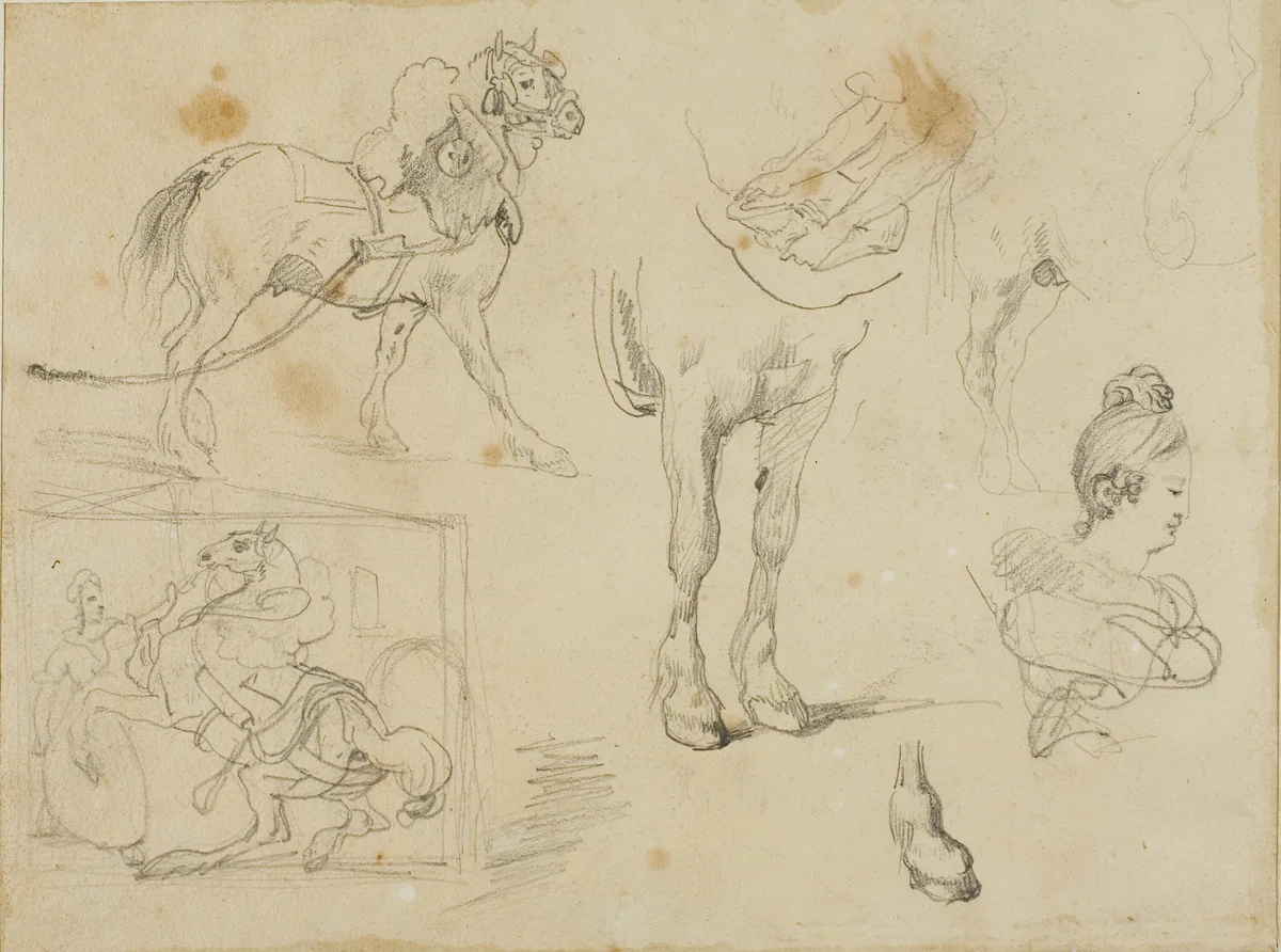 Studies of a Draught Horse, a Blacksmith and a Young Woman by Jean Louis André Théodore Géricault, drawing, 1813-1814