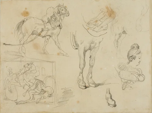 Studies of a Draught Horse, a Blacksmith and a Young Woman by Jean Louis André Théodore Géricault, drawing, 1813-1814