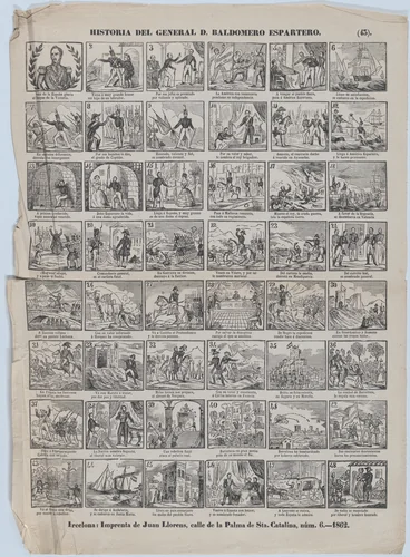 Broadside with 48 scenes relating to the life of General D. Baldomero Espartero by Juan Llorens, print, 1862
