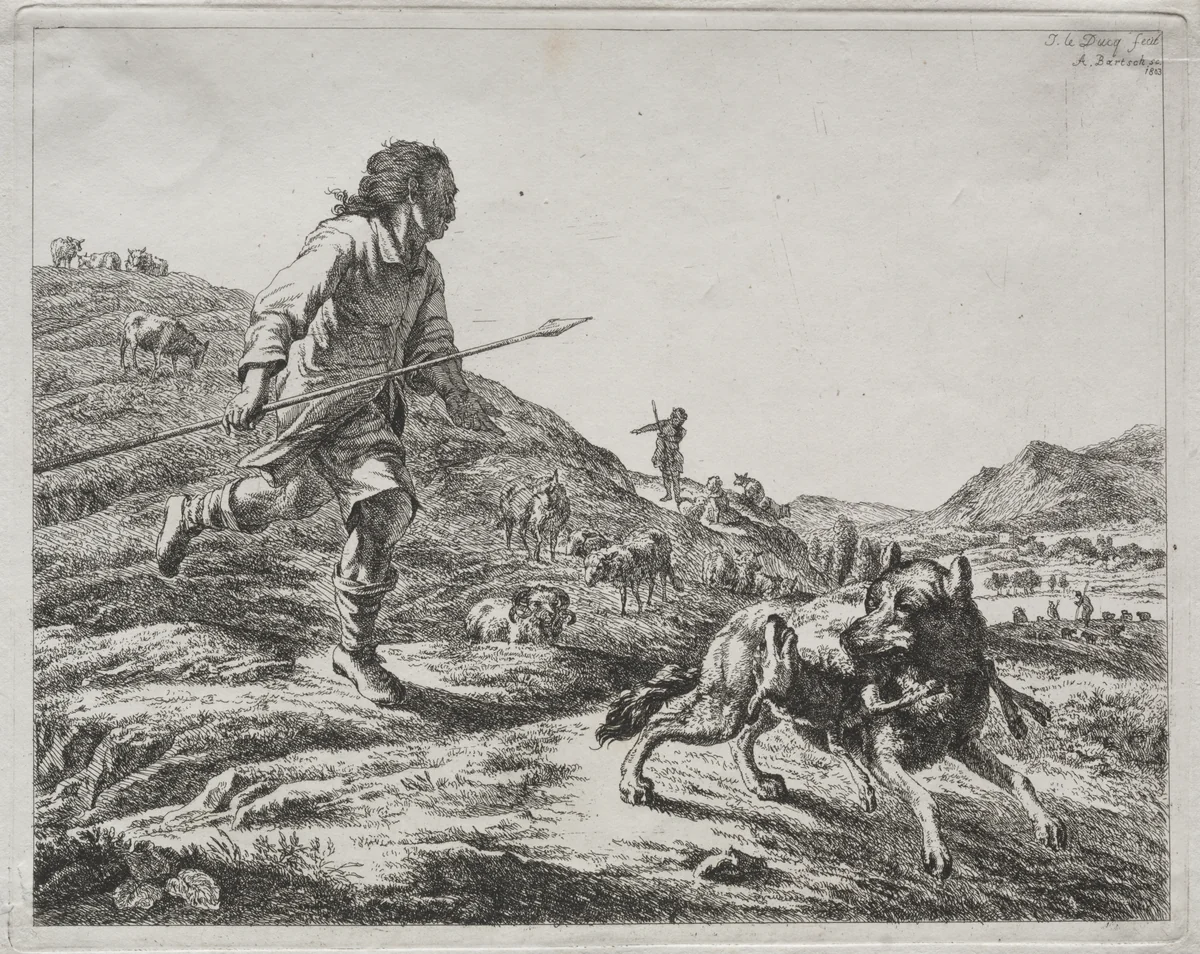 Shepherd Chasing a Wolf by Adam von Bartsch, print, 1803