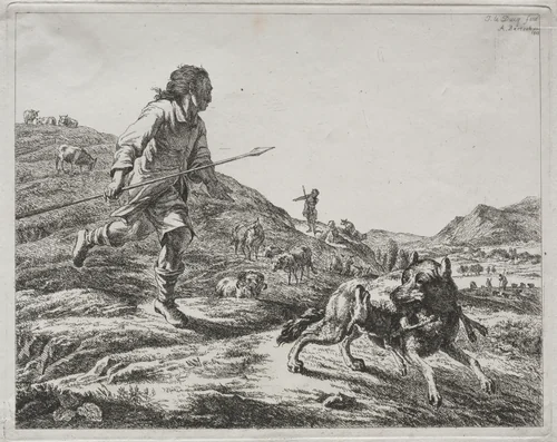 Shepherd Chasing a Wolf by Adam von Bartsch, print, 1803
