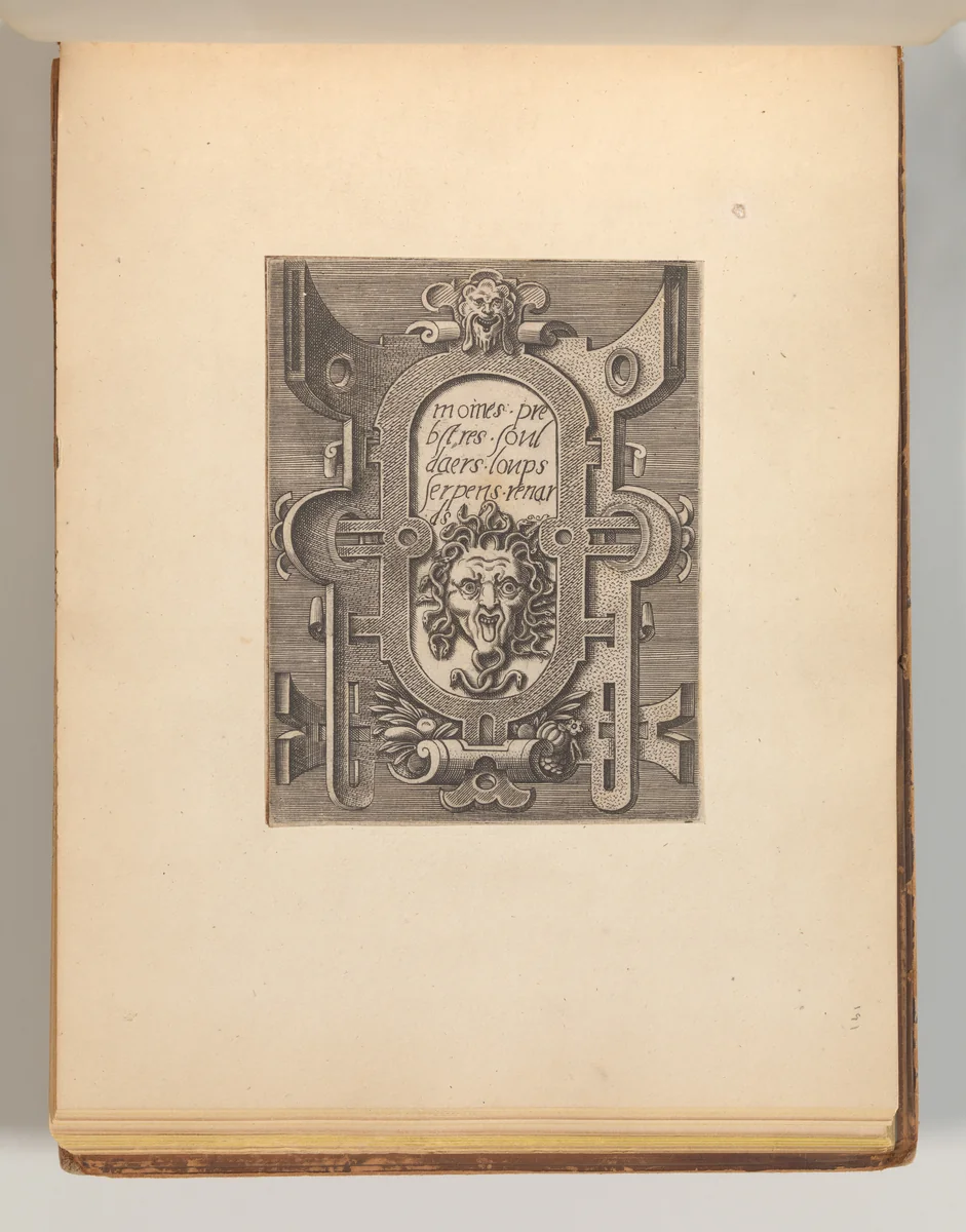 Series fof Cartouches, in: Targhe ed altri ornati di varie e capricciose invenzioni (Cartouches and other ornaments of various and capricious invention, page 34) by Cornelis Bos, book, 1540-1560