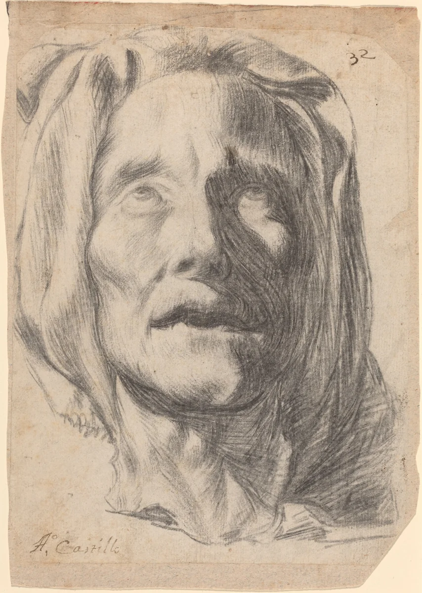 Head of an Elderly Woman with Upturned Eyes by Antonio del Castillo, drawing, 1613-1668