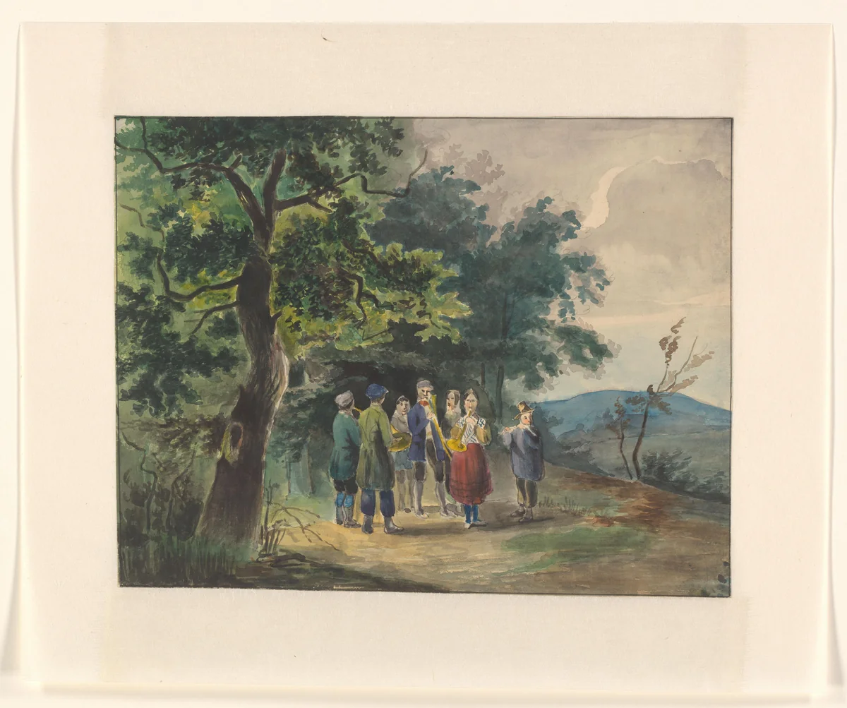 Musicerend gezelschap aan een bosrand by Johannes van Reijn, drawing, 1800-1900