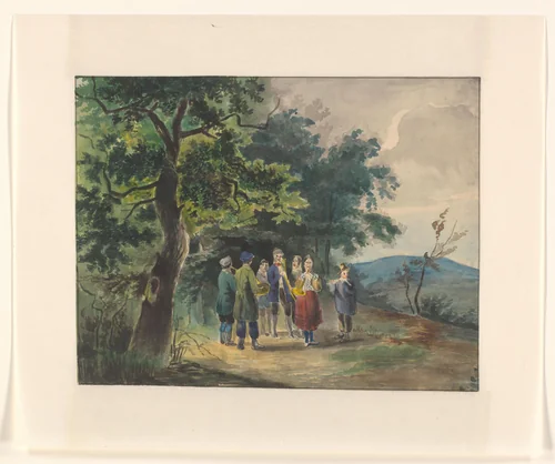 Musicerend gezelschap aan een bosrand by Johannes van Reijn, drawing, 1800-1900