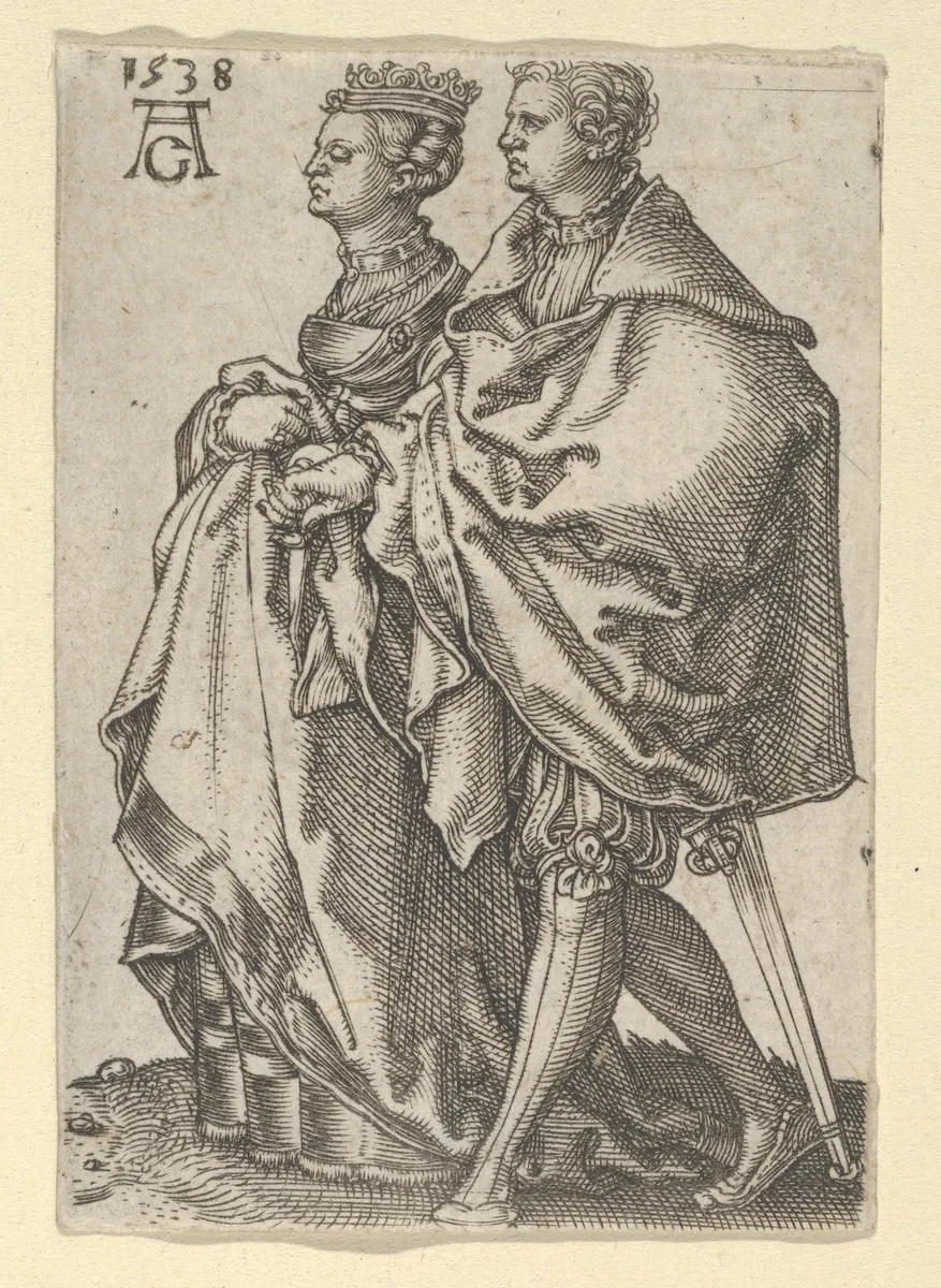 Dancing Couple Stepping to the Left, from "The Small Wedding Dancers" by Heinrich Aldegrever, print, 1538