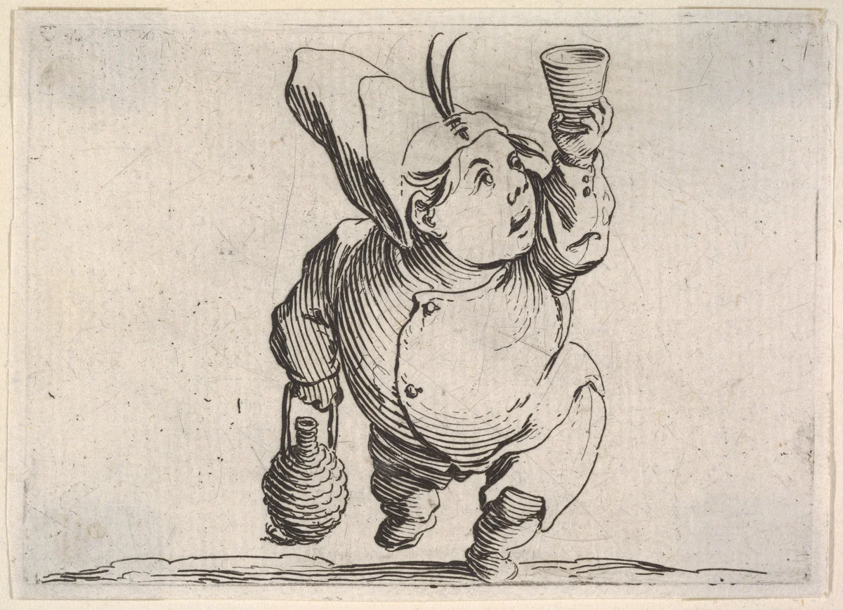 Small male figure in feathered cap with upraised hand holding a cup and other hand grasping a handled vessel, in frontal view, from "Varie Figure Gobbi" by Jacques Callot, print, 1621-1625