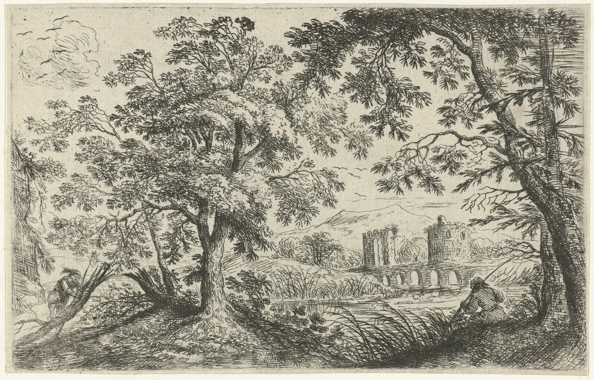 Landschap met een visser by Cornelis Matthieu, print, 1637-1656