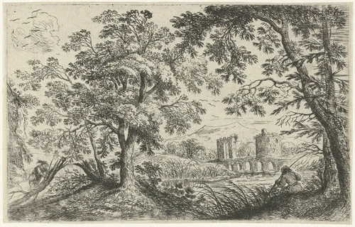 Landschap met een visser by Cornelis Matthieu, print, 1637-1656
