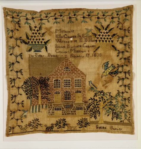 Embroidered sampler by Susan Bushey, artwork, 1838