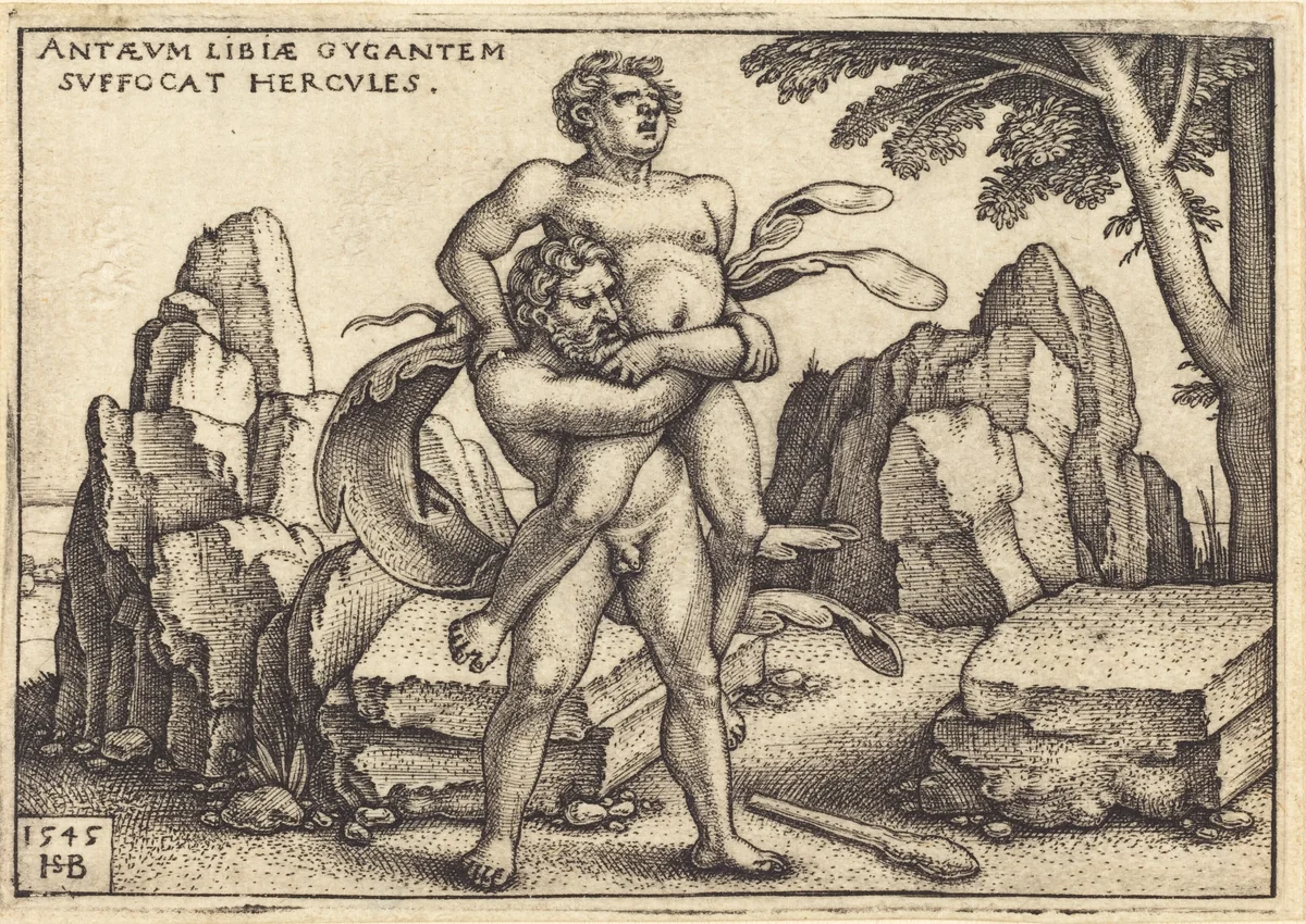 Hercules Killing Antaeus by Sebald Beham, print, 1545