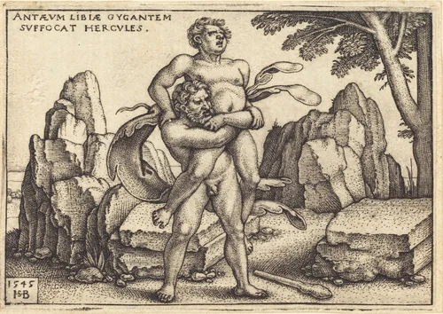 Hercules Killing Antaeus by Sebald Beham, print, 1545