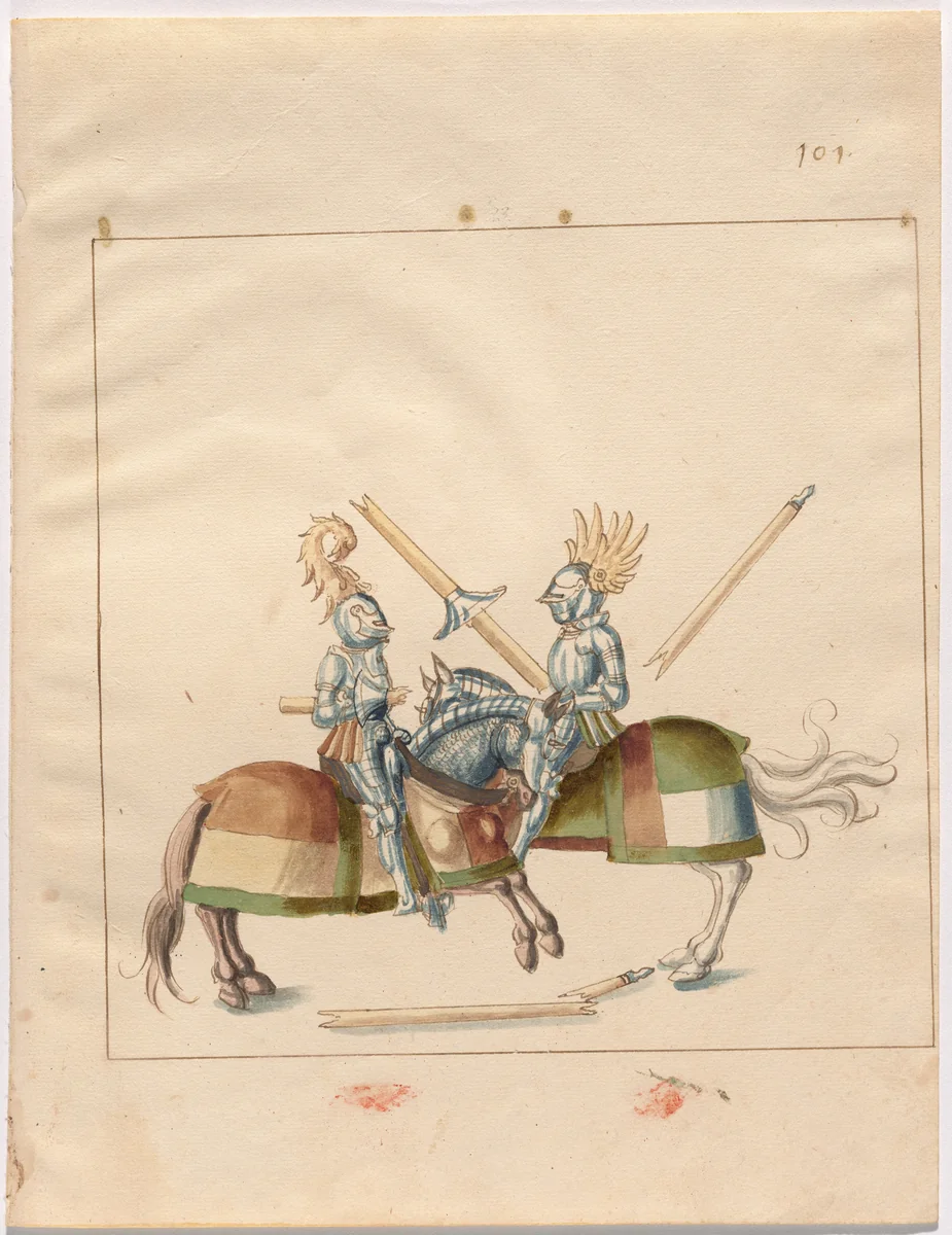 Mock Joust of War in Reinforced Field Armor by German 16th Century, drawing, 1515