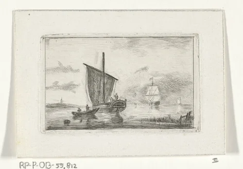 Riviergezicht met zeilschip by Willem Gruyter jr., print, 1832-1880