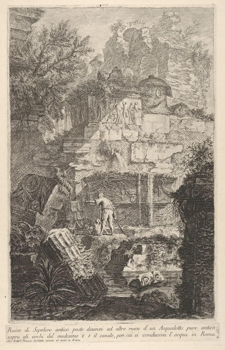 Plate 6: Ruins of an ancient tomb in front of ruins of an ancient aqueduct (...), from "Part one of architecture and perspectives: drawn and etched by Gio. Batt'a Piranesi, Venetian Architect: dedicated to Nicola Giobbe" (Prima parte di Architetture, e prospettive inventate, ed incise da Gio. Batt'a Piranesi Architetto Veneziano dedicate al Sig. Nicola Giobbe) by Giovanni Battista Piranesi, print, 1743