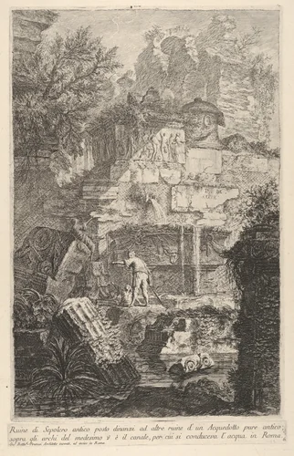 Plate 6: Ruins of an ancient tomb in front of ruins of an ancient aqueduct (...), from "Part one of architecture and perspectives: drawn and etched by Gio. Batt'a Piranesi, Venetian Architect: dedicated to Nicola Giobbe" (Prima parte di Architetture, e prospettive inventate, ed incise da Gio. Batt'a Piranesi Architetto Veneziano dedicate al Sig. Nicola Giobbe) by Giovanni Battista Piranesi, print, 1743