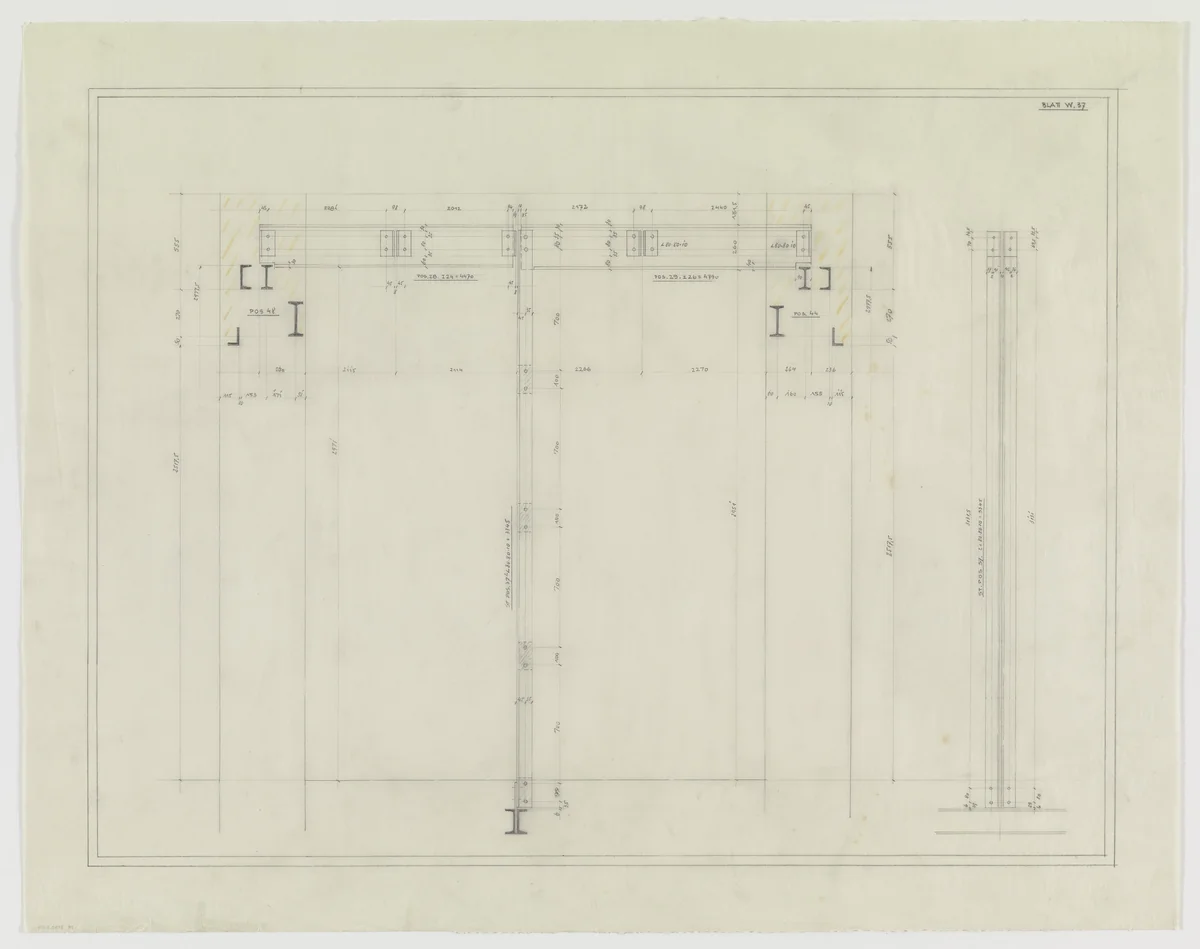 Hermann Lange House, Krefeld, Germany (Section; framing system, structural detail.) by Ludwig Mies van der Rohe, mies van der rohe archive, 1927