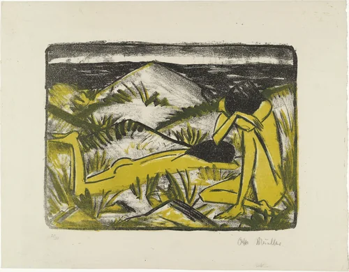 Two Girls in the Dunes at Sylt (Zwei Mädchen in den Dünen, Sylt) by Otto Mueller, print, 1920