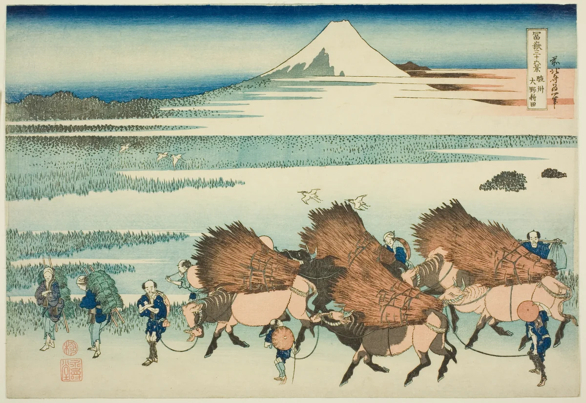 Rice Paddies at Ono in Suruga Province (Sunshu Ono shinden), from the series "Thirty-six Views of Mount Fuji (Fugaku sanjurokkei)" by Katsushika Hokusai (葛飾 北斎), print, 1825-1838