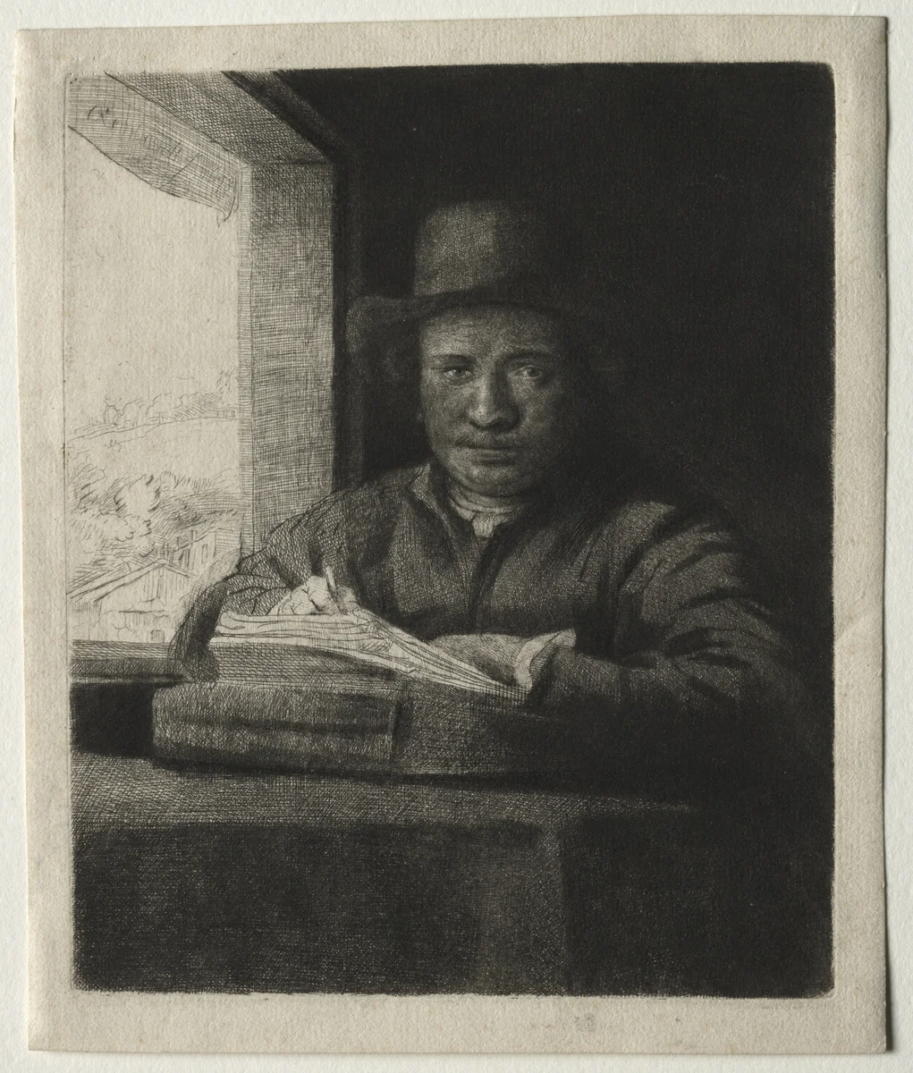 Self-Portrait Drawing at a Window by Rembrandt van Rijn, print, 1648