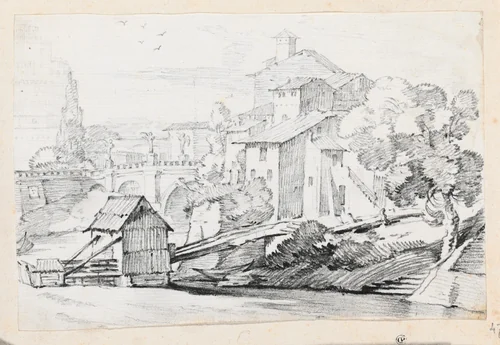 The Ponte Sant'Angelo and Houses on the East Bank of the Tiber by Joseph-Marie Vien, drawing, 1744-1750
