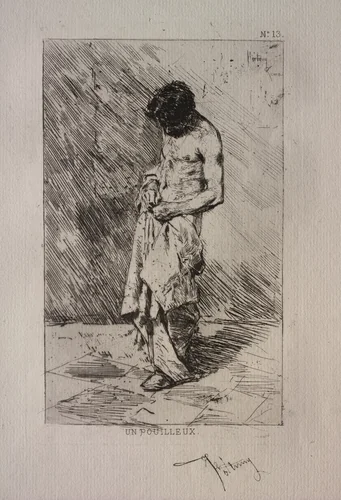 Man Searching for Fleas by Mariano Fortuny, print, 1857-1867