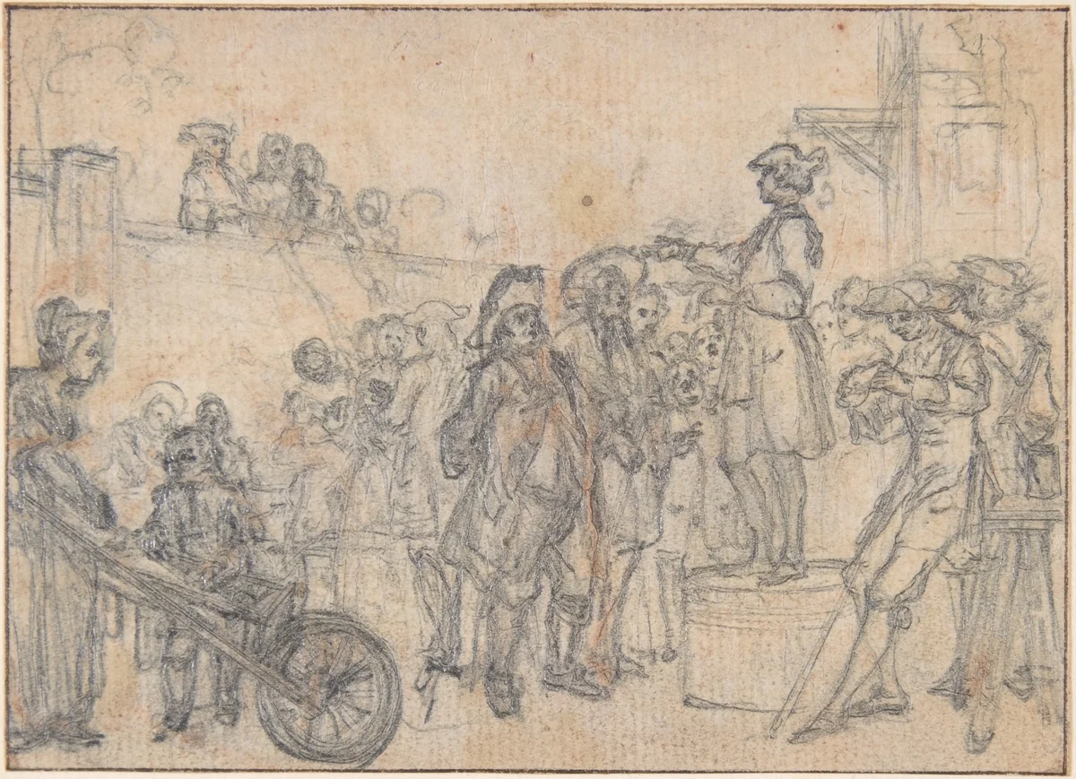 Study for "Friendly as a Ballad Singer at ye Country Wake," etched vignette in "Songs in the Opera of Flora" by Hubert François Gravelot, drawing, 1732-1742