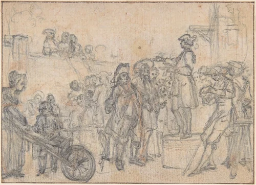 Study for "Friendly as a Ballad Singer at ye Country Wake," etched vignette in "Songs in the Opera of Flora" by Hubert François Gravelot, drawing, 1732-1742