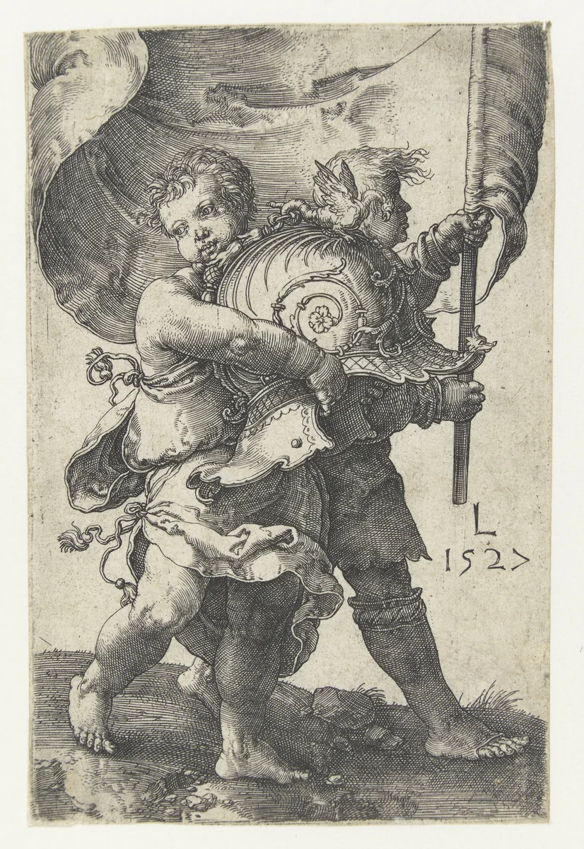 Twee jongetjes met een helm en een vaandel by Unknown, print, 1527