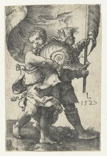 Twee jongetjes met een helm en een vaandel by Unknown, print, 1527