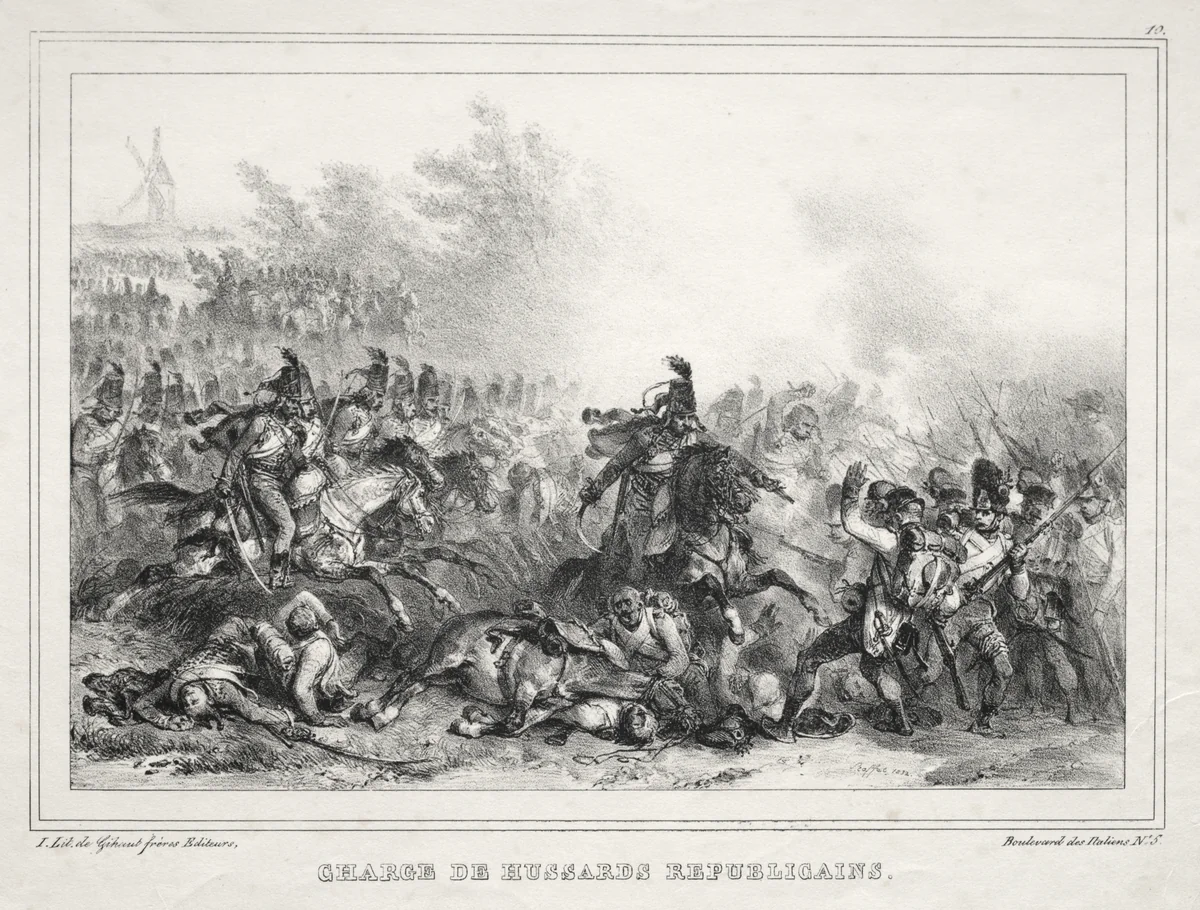 Album pour 1833: Charge de Hussards Républicains by Auguste Raffet, print, 1832