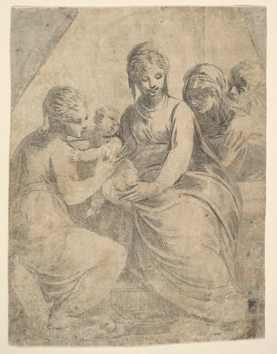 The Virgin and Child accompanied by saints by Andrea Schiavone, print, 1535-1545