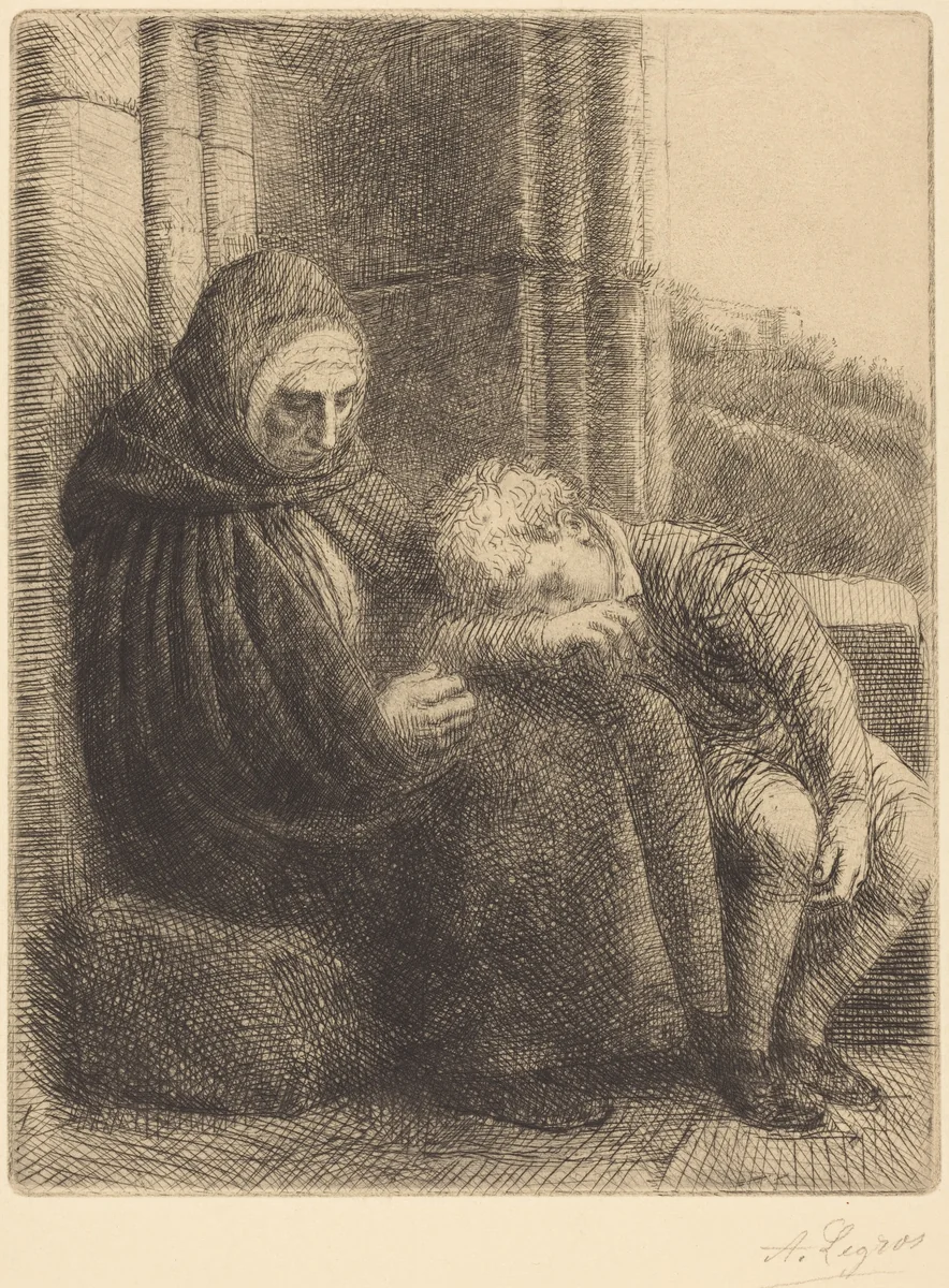 Woman Seated against a Wall, Child with His Head in Her Lap (Femme assise, muraille au fond, enfant la tete dans son giron by Alphonse Legros, print, 1837-1911