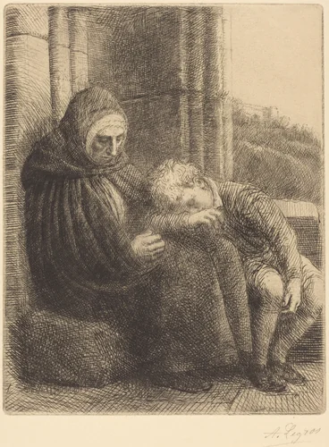 Woman Seated against a Wall, Child with His Head in Her Lap (Femme assise, muraille au fond, enfant la tete dans son giron by Alphonse Legros, print, 1837-1911