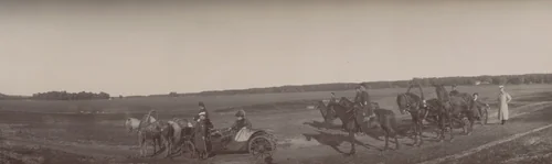 Duke of Oldenburg Alexander Petrovich in White Cap Speaking to a Woman in a Cart in a Field, Oldenburg Estate, Ramon by Unidentified Photographer, photograph, 1904