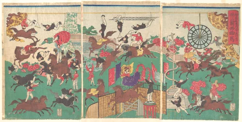 French Equestrian Circus on the grounds of Asakusa Kannon temple (Asakusa kannon keidai ni oite kōgyō tsukawashi sōrō-Furansu kyokuba) by Utagawa Kuniteru, print, 1871