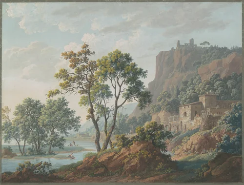 River Landscape with Castles and Fishermen by Louis-Albert-Guillain Bacler d'Albe, drawing, 1817