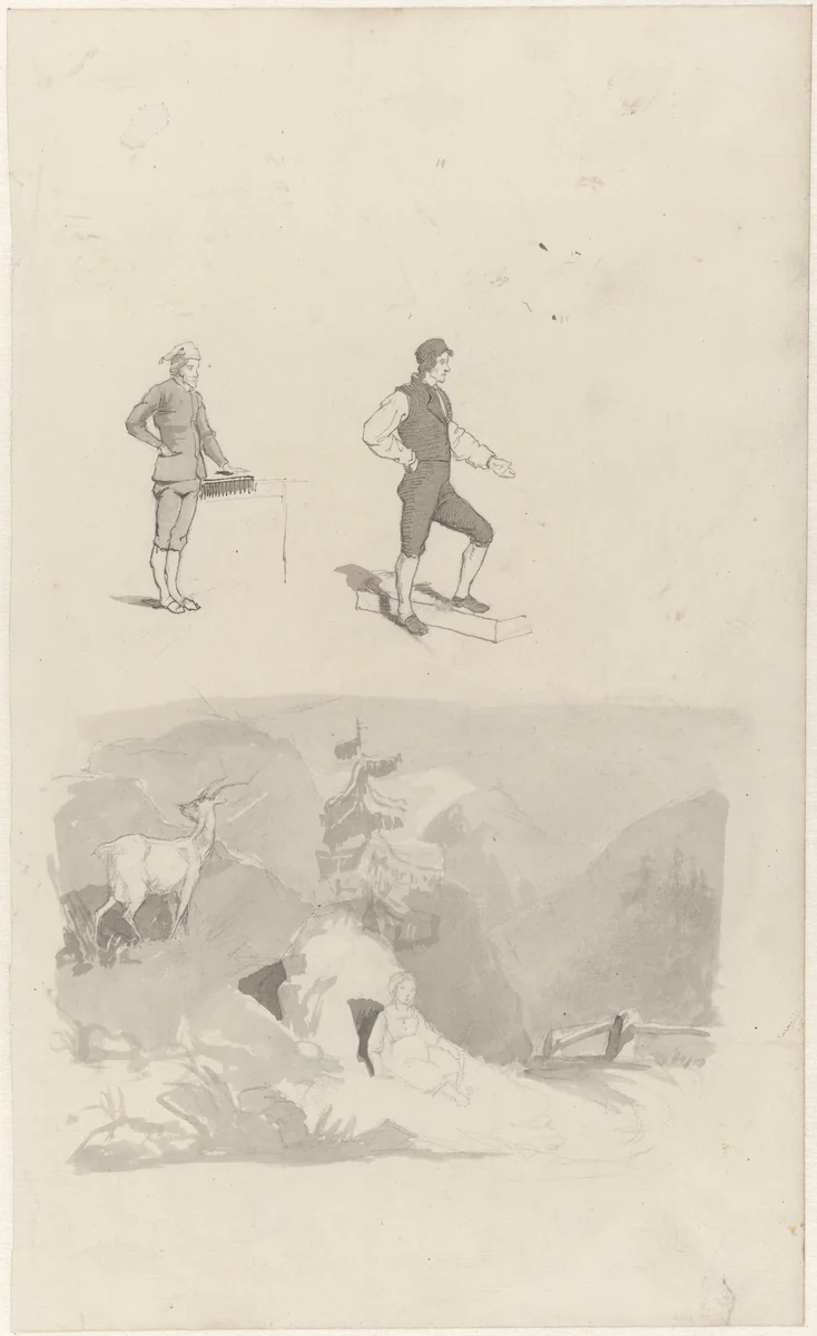 Studie van twee mannen en een berglandschap by Schwartze, drawing, 1800-1900