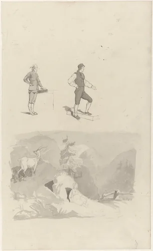 Studie van twee mannen en een berglandschap by Schwartze, drawing, 1800-1900