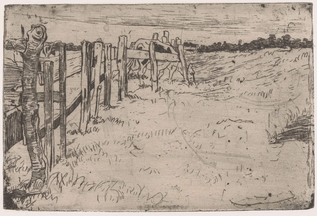 Grazende koe bij een hek in een weiland by Pieter Dupont, print, 1895