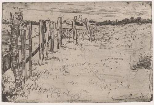 Grazende koe bij een hek in een weiland by Pieter Dupont, print, 1895