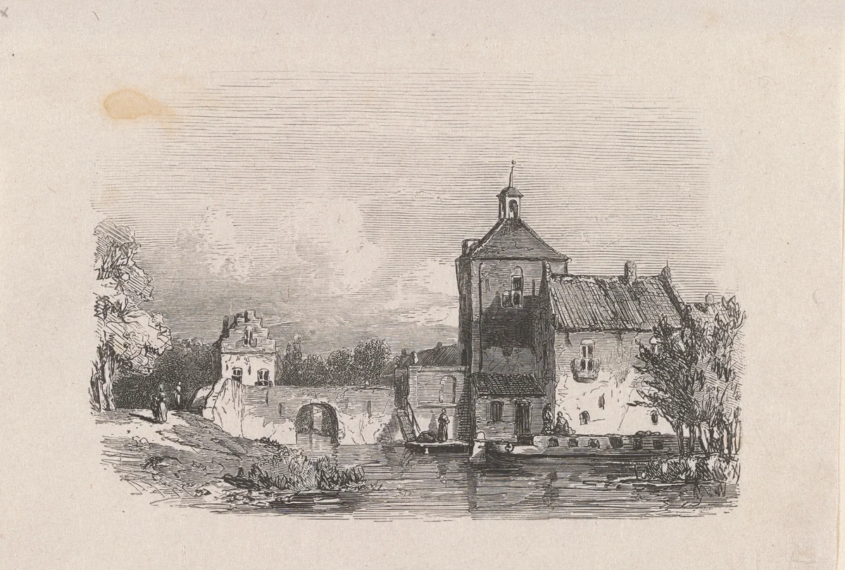 Stadsgezicht met een poortgebouw aan het water by Isaac Weissenbruch, print, 1836-1912