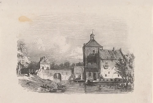 Stadsgezicht met een poortgebouw aan het water by Isaac Weissenbruch, print, 1836-1912