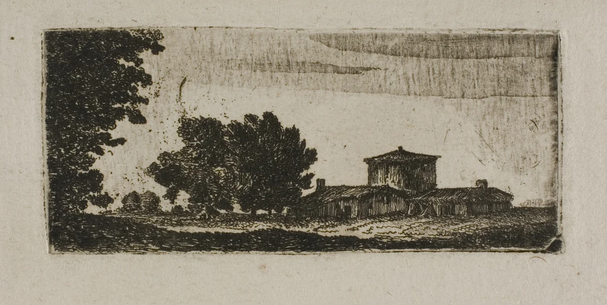 Trees and Buildings with Low Tower by John Clerk, print, 1748-1812