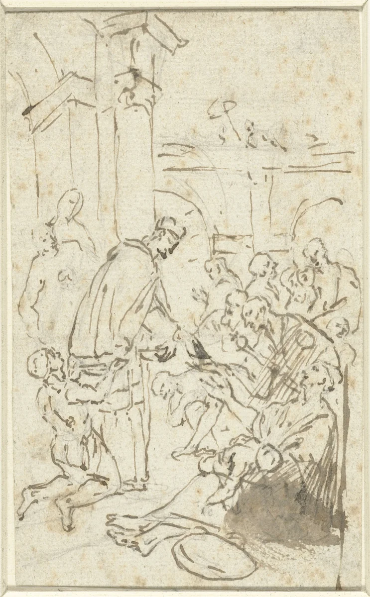 Heilige Carolus Borromeus deelt aalmoezen uit aan bedelaars by Antonio Aliense, drawing, 1566-1629
