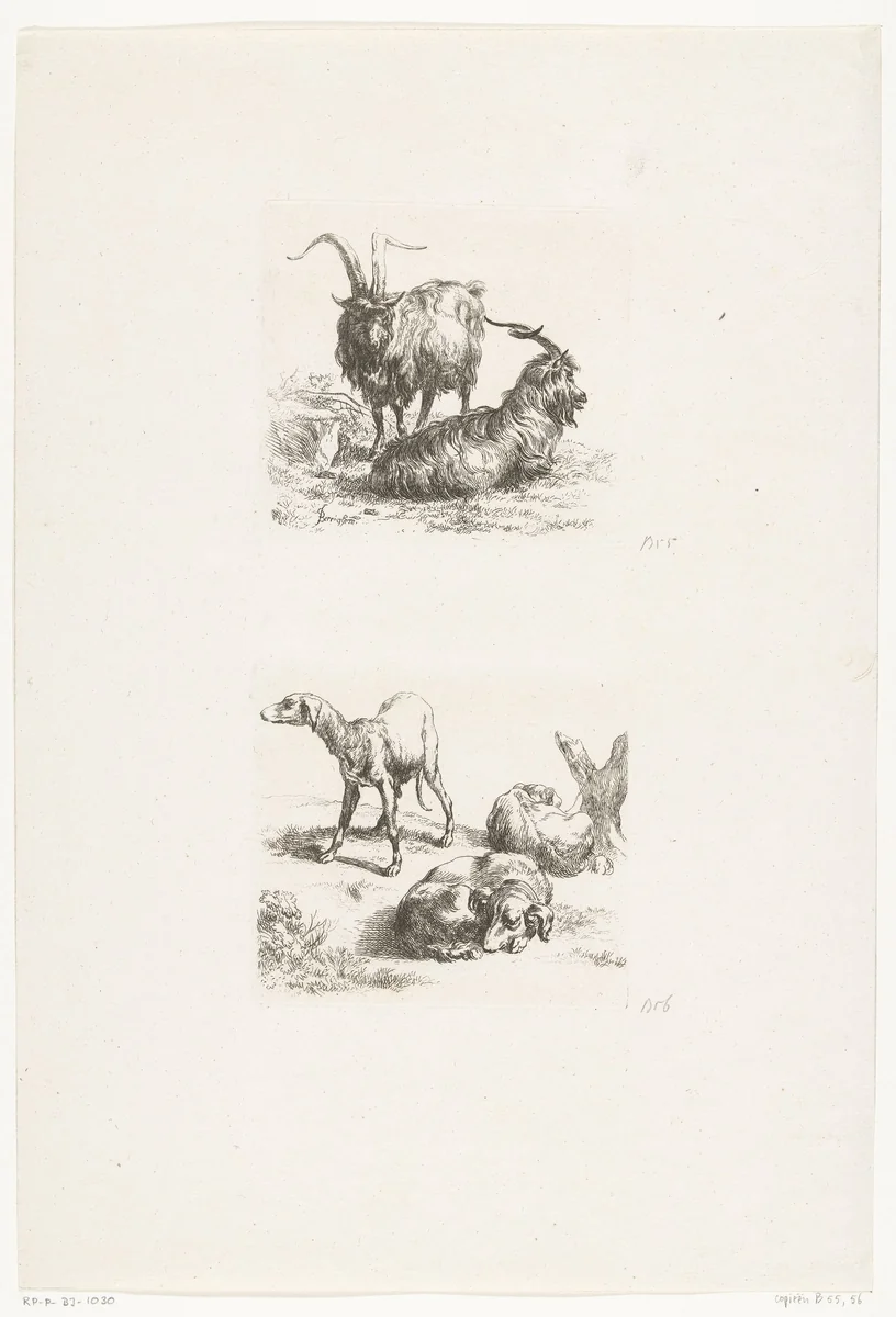 Twee bokken en drie honden by anonymous, print, 1648-1733