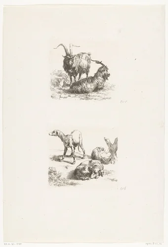 Twee bokken en drie honden by anonymous, print, 1648-1733